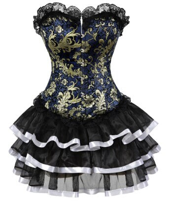 Gothic Gold Jacquard Corset Lace up Overbust Corsets Halloween Costume cosplay Dress Tutu Skirt Petticoat Showgirl Dance Dress