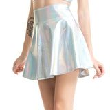 Women Pleated A-Line Skater Skirt Summer Shiny Metallic Holographic Club Disco Harajuku Mini Skirt