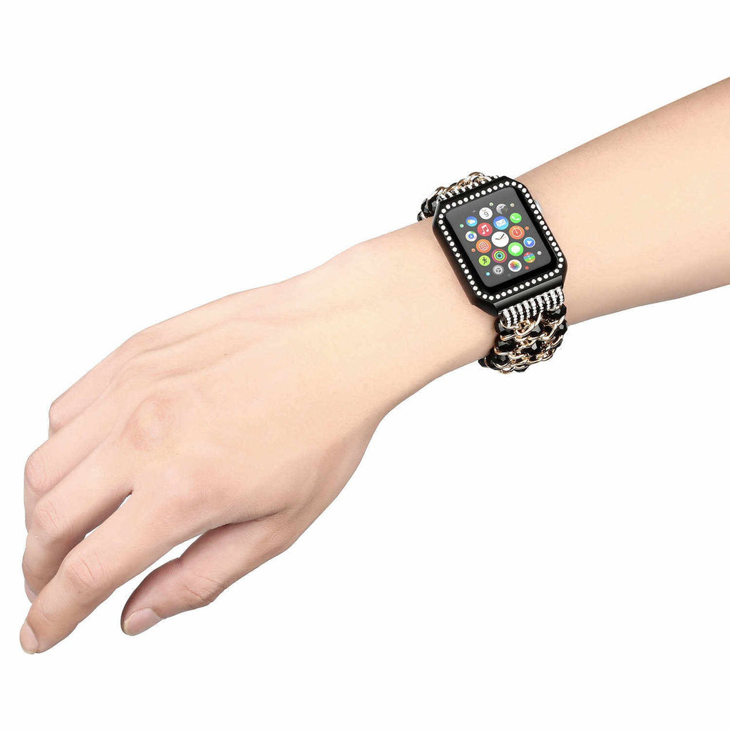 DAHASE Jewel Beads Metal Chain Bracelet for Apple Watch Band 38/42mm Bling Diamond Cover for iWatch Series 1/2/3 Wrist Strap