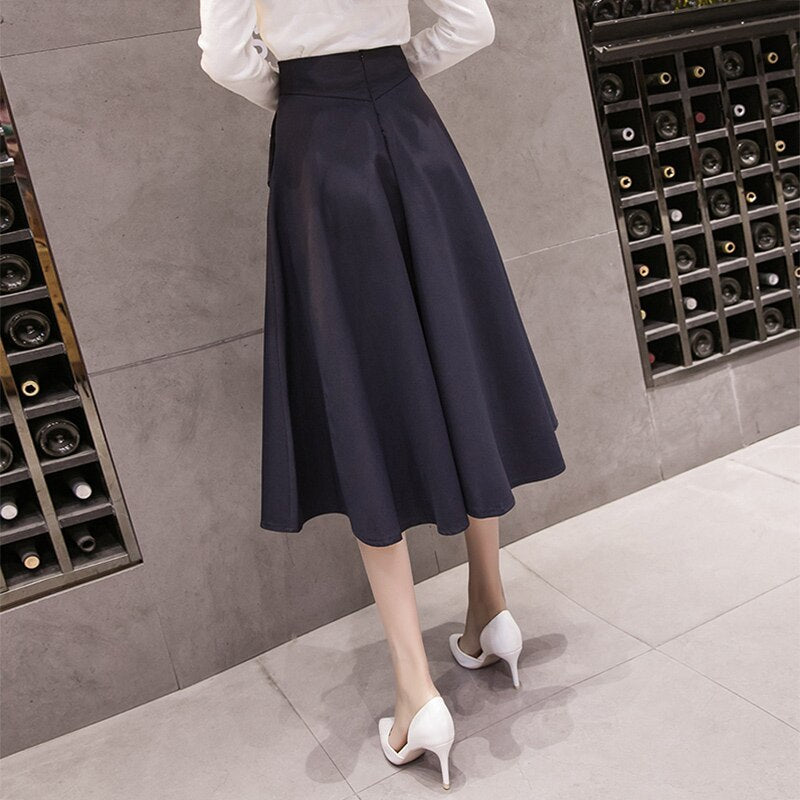 High Waist A Line Big Swing Midi Skirt Korean Pockets Office Lady Elegant Women Skirt