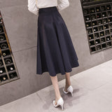 High Waist A Line Big Swing Midi Skirt Korean Pockets Office Lady Elegant Women Skirt