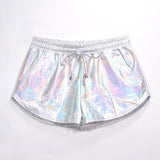 Women Hot Shiny Metallic Shorts Elastic Drawstring Summer Holographic Wet Look Booty Shorts Bottoms