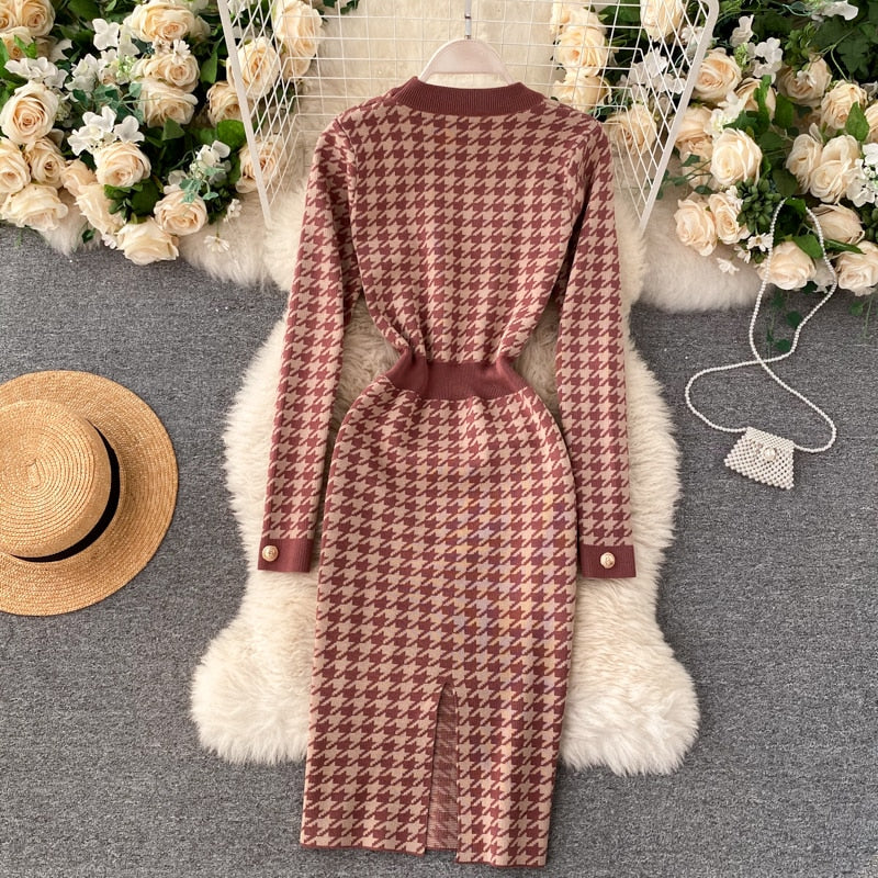 Autumn Winter Knitted Dresses Women Houndstooth Buttons Office Lady Elegant Midi Dress Back Slit Sexy Bodycon Dress
