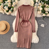Autumn Winter Knitted Dresses Women Houndstooth Buttons Office Lady Elegant Midi Dress Back Slit Sexy Bodycon Dress