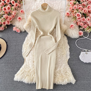 Autumn Winter Midi Dresses For Women Turtleneck Long Sleeve Solid Elegant Ribbed Knitted Dress Sexy Bodycon Dress