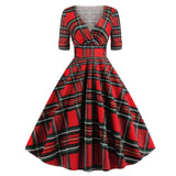 Green Solid Rockabilly 1950S Vintage Ruched V Neck Elegant Half Sleeve A Line Midi Dress