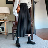 Women Casual Pleated Skirts Spring Korean Style All-match Vintage Woolen Ladies High Waist A-line Long Skirt