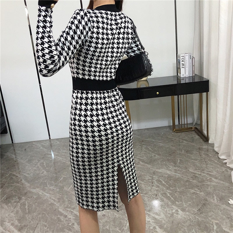 Autumn Winter Knitted Dresses Women Houndstooth Buttons Office Lady Elegant Midi Dress Back Slit Sexy Bodycon Dress