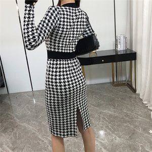 Autumn Winter Knitted Dresses Women Houndstooth Buttons Office Lady Elegant Midi Dress Back Slit Sexy Bodycon Dress