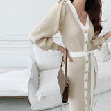 Autumn Winter Elegant Office Single Breasted Cardigan Sweater Dress With Belt Sexy Knitted Bodycon Midi Dress Women