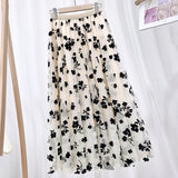 Mid Calf Long Floral Flocking Tulle Women Elastic High Waist Mesh A line Midi Skirt