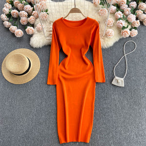 Autumn Winter Sweater Dress Elegant Knitted Bodycon Dress Women Round Neck Long Sleeve Casual Knee Length Midi Dress