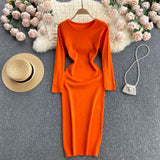Autumn Winter Sweater Dress Elegant Knitted Bodycon Dress Women Round Neck Long Sleeve Casual Knee Length Midi Dress