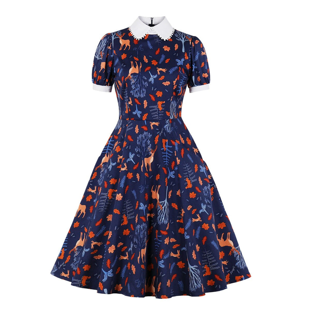 Christmas Women Party Retro Dress Cotton Floral Print Turn Down Collar Short Sleeve Pin Up Rockabilly Swing Casual Sundress