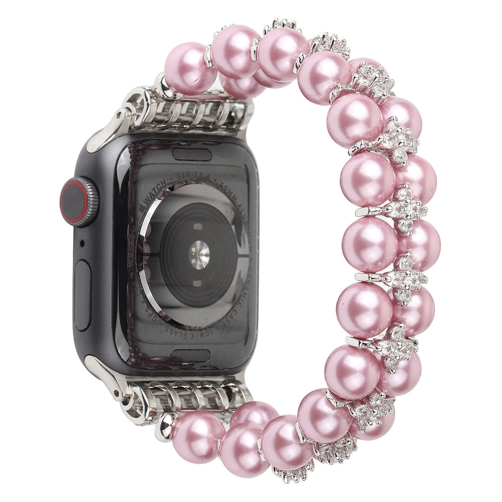 Elegant Watchband Compatible for Apple Watch Band 38mm 40mm 42mm 44mm Pearls Beaded Stretch Bracelet Watch Strap Bands for Women