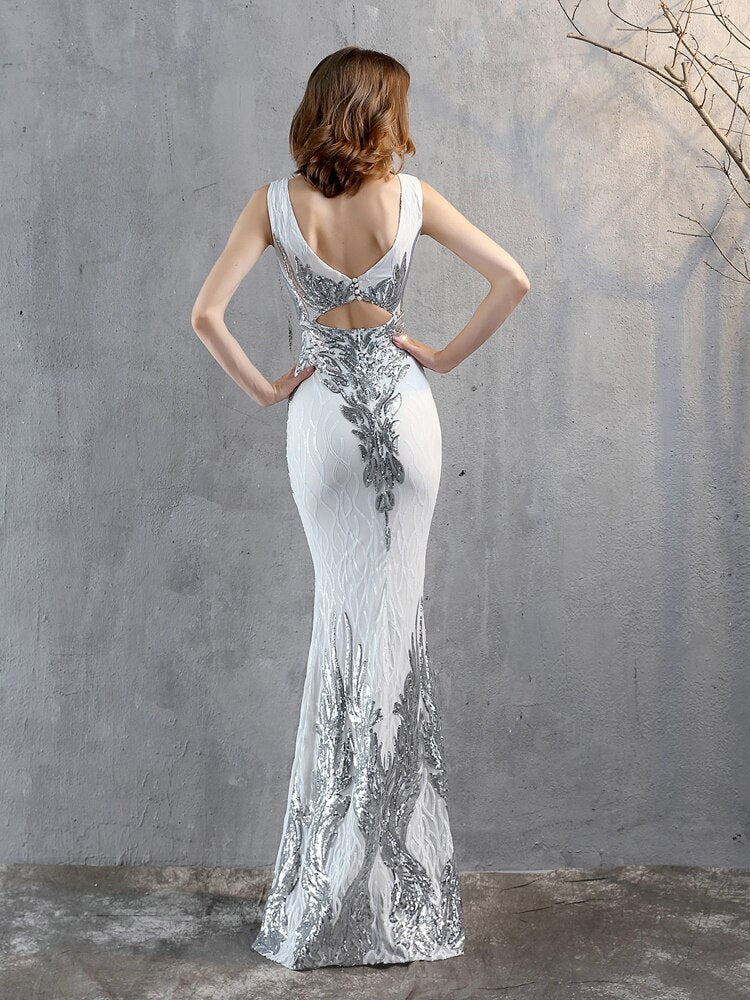 Women See-through Beads Long Party Dreess New Sequins Evening Dress