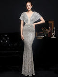 Women Gold Sequin Dress V Neck Beaded Party Maxi Elegant Evening Dress