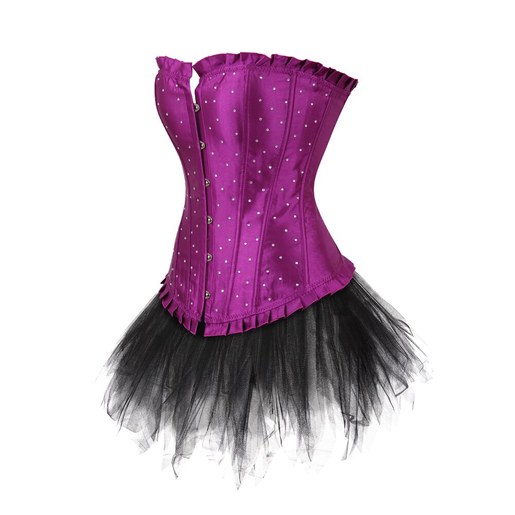 Sexy Rhinestones Brocade Frill Corset Skirt Set Women Fashion Party Corset Bustier Lingerie Top With Mesh Tulle Mini Tutu Skirt