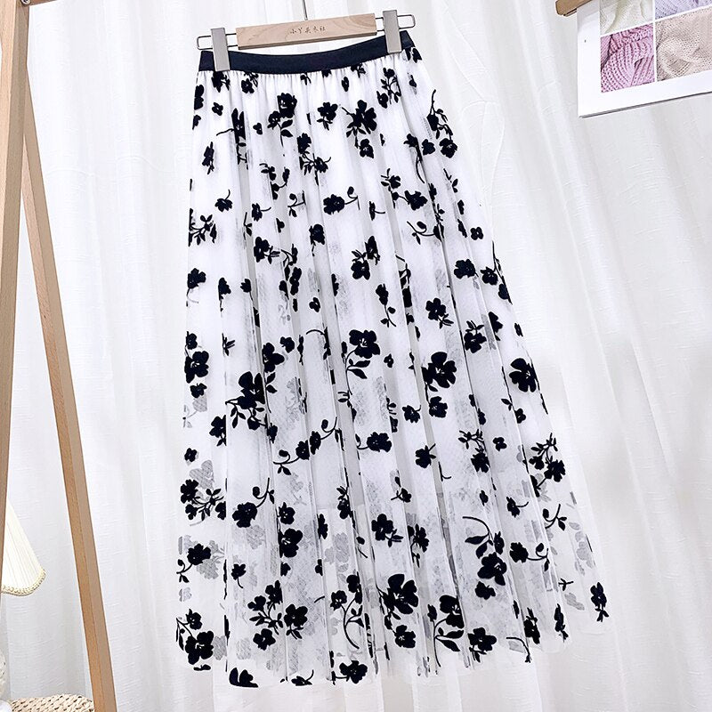 Mid Calf Long Floral Flocking Tulle Women Elastic High Waist Mesh A line Midi Skirt