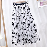 Mid Calf Long Floral Flocking Tulle Women Elastic High Waist Mesh A line Midi Skirt