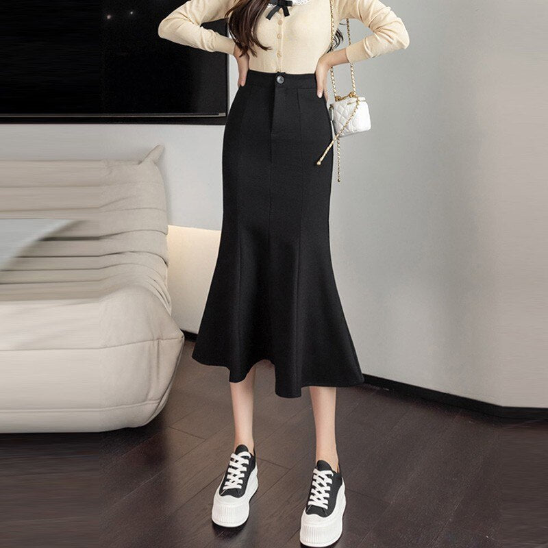 Women High Waist Mermaid Spring Korean Style All-match Black Slim Ladies Elegant Long Skirt