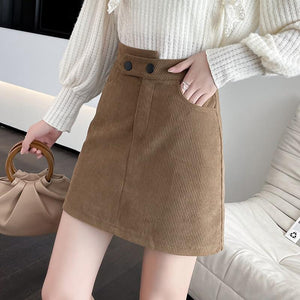 Women High Waist Mini Skirts Korean Style Vintage Corduroy All-match Ladies Elegant A-line Short Skirt
