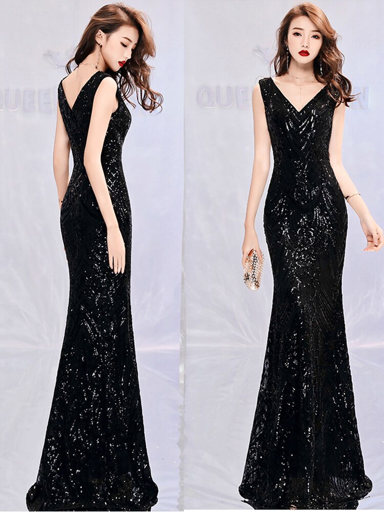 Elegant Mermaid Evening Dress Sleeveless Sequins Robe De Soriee V-neck Tulle Prom Gown Beads Formal Dress