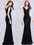 Elegant Mermaid Evening Dress Sleeveless Sequins Robe De Soriee V-neck Tulle Prom Gown Beads Formal Dress