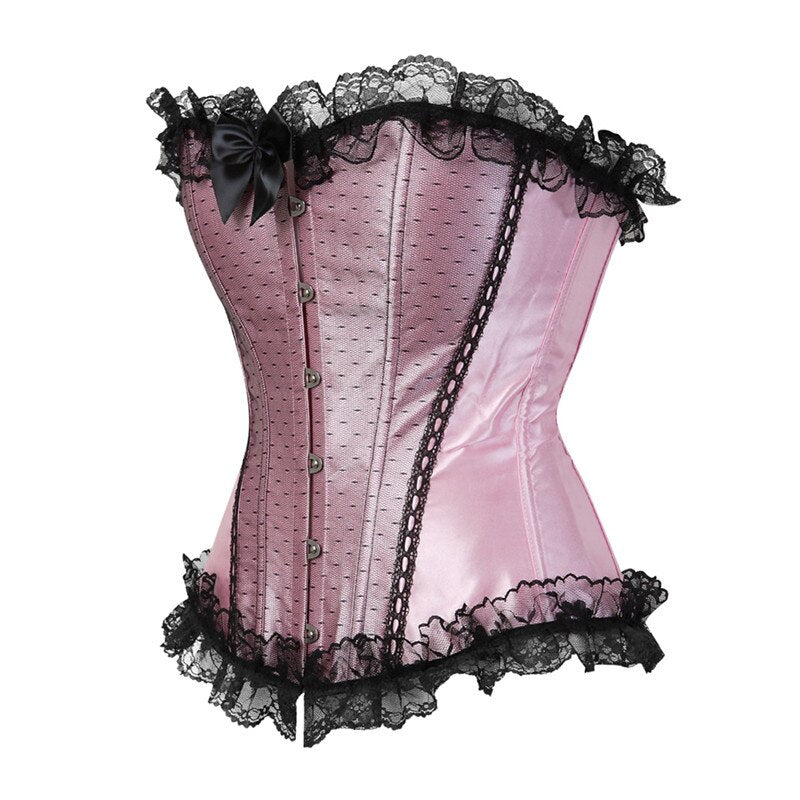 Women Sexy Satin Lace Trim Overbust Corset Showgirl Waist Cincher Body Shaper Slim Burlesque Corset Bustier Lingerie Top