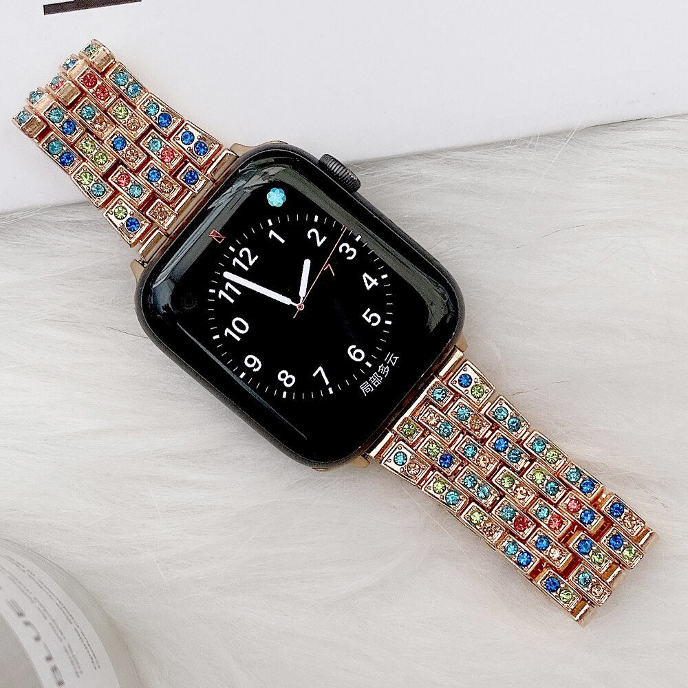 For Apple Watch 6 5 4 3 2 1 SE Women Style Watch Band Colored Five Beads Diamond Strap For iWatch 44mm 40mm 42mm 38mm Bracelet