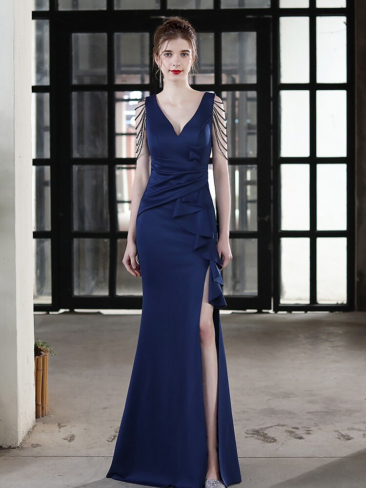 Tassels Sleeveless Formal Evening Dress Double V Neck Mermaid Women Pa –  jetechband