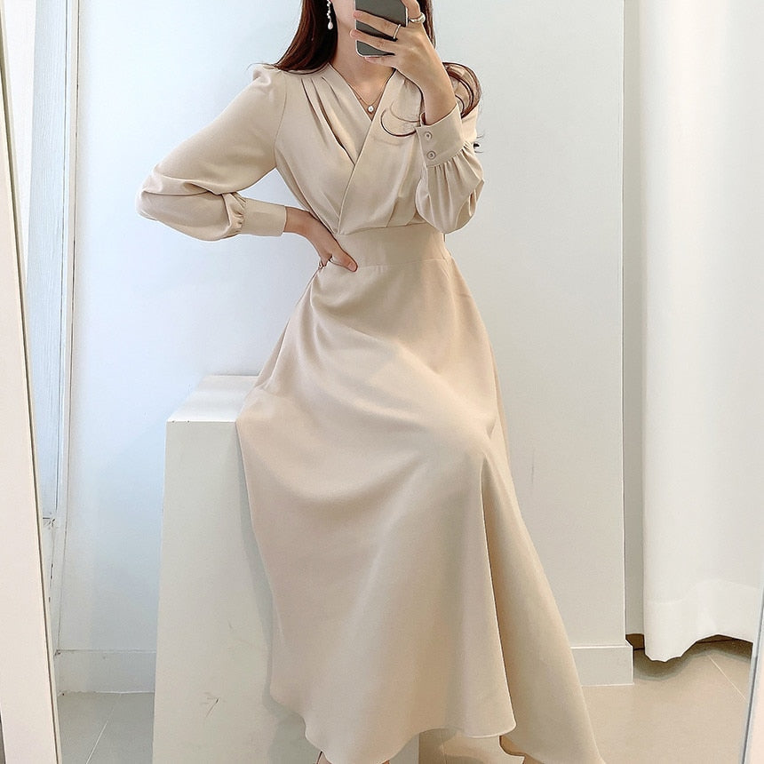 Dresses for Women Vintage Robe V-neck Puff Sleeve Folds Vestidos Mujer High Waist Temperament Dress