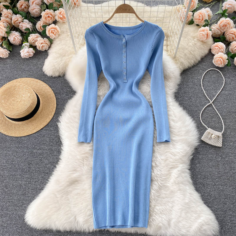 sachin and babi light blue dress Women Casual Solid Color Black Split Twist Long Sleeve Midi Dress, Autumn/ Winter