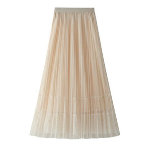 Women Summer Elegant Solid Color Midi Tulle Ladies Summer Streetwear Casual High Waist Long Pleated Skirt