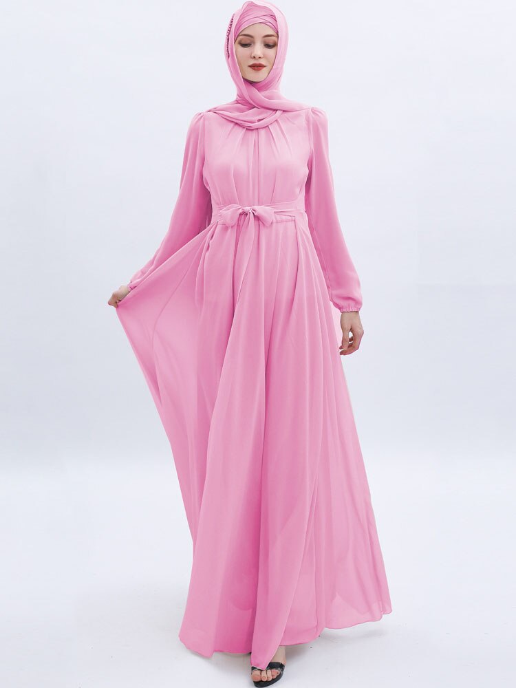 Belt Bow Chiffon Muslim Dress Abaya Dress Plus Size Arab Casual Dress Prom Gowns Robe De Soriee Full-Sleeve O-neck Dress