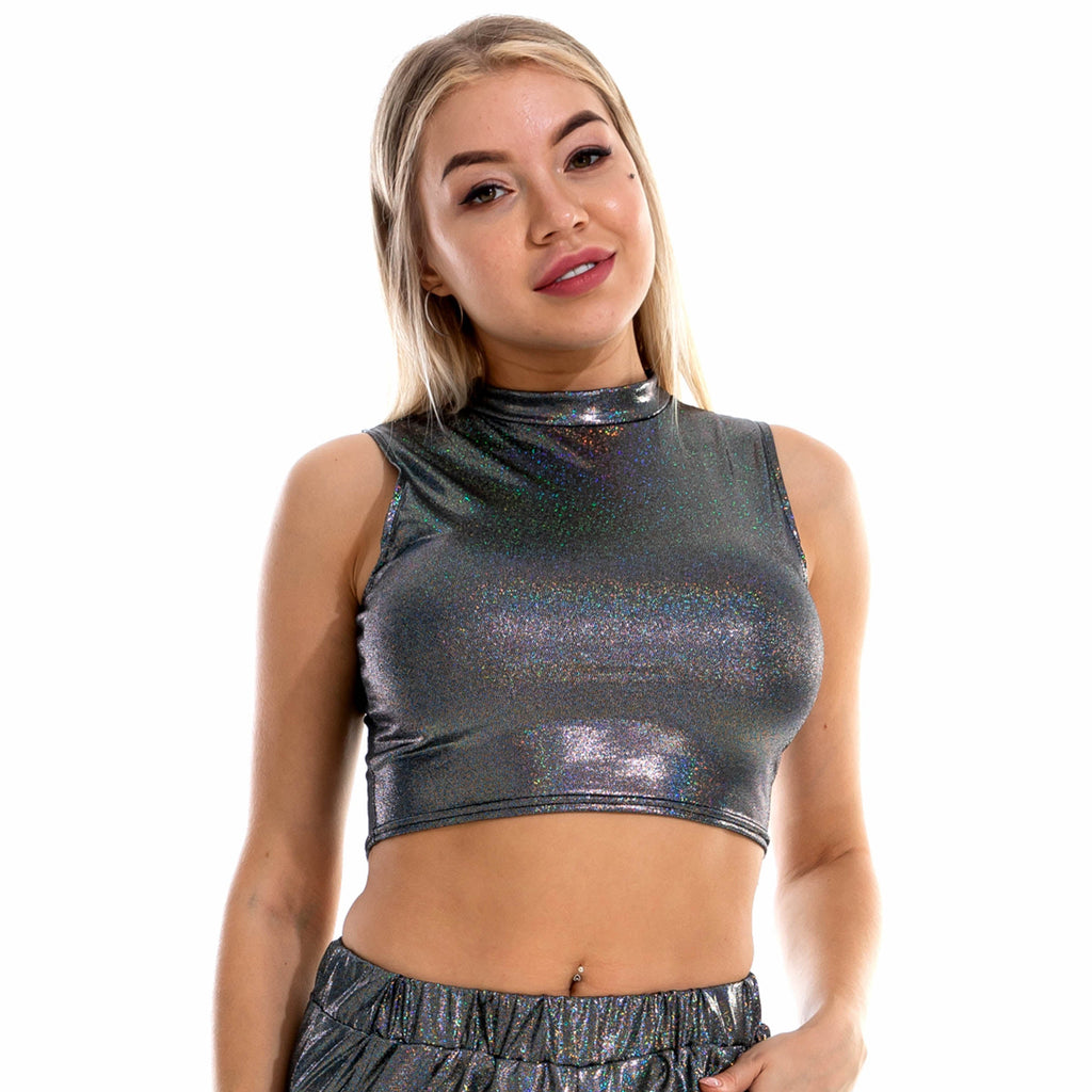 Shiny Holographic Metallic Tank Tops Vest Sexy Slim Turtleneck Sleeveless Crop Top Women Cropped Tops For Rave Club Dance