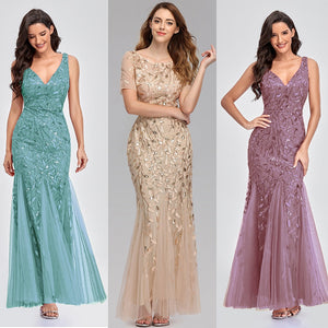 Embroidered beaded Fabric Prom Dresses Sugar Color O-Neck Short Sleeve Elegant Little Mermaid Dresses Formal Party Gowns