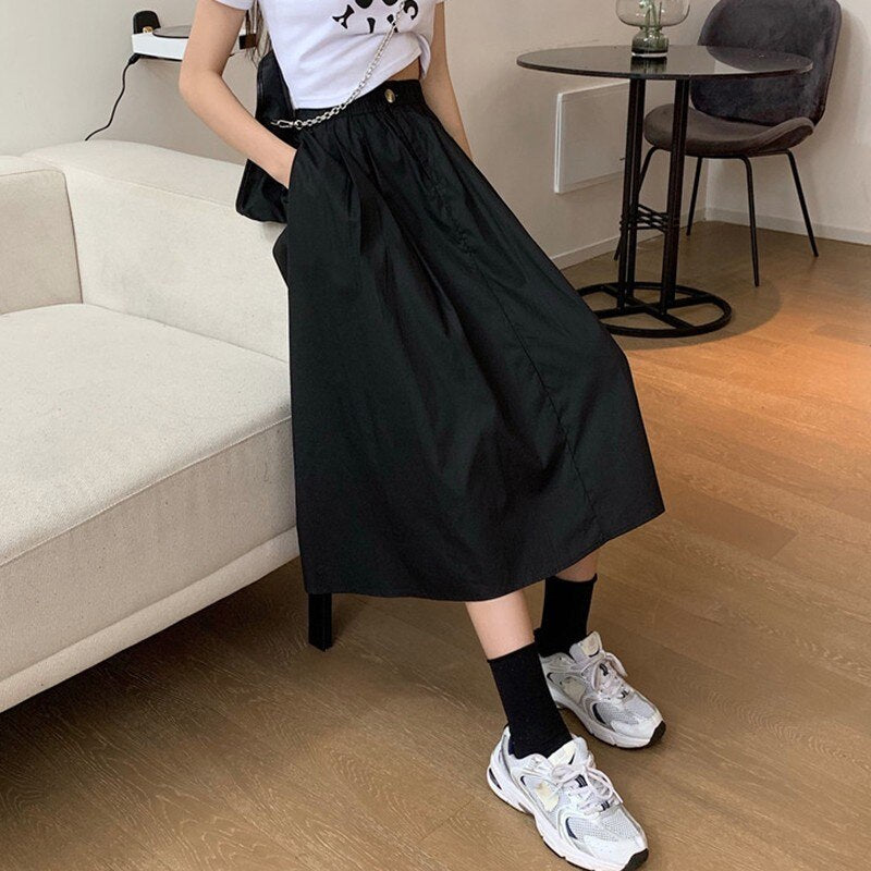Women High Waist Casual Skirts Korean Style Streetwear Solid Color Loose Ladies A-line Long Skirt