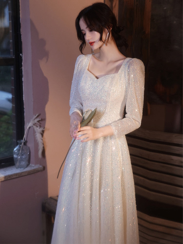 A-line Prom Long-sleeve Women Party Dresses Sequins Elegant Formal Robe Square Neck Evening Dress