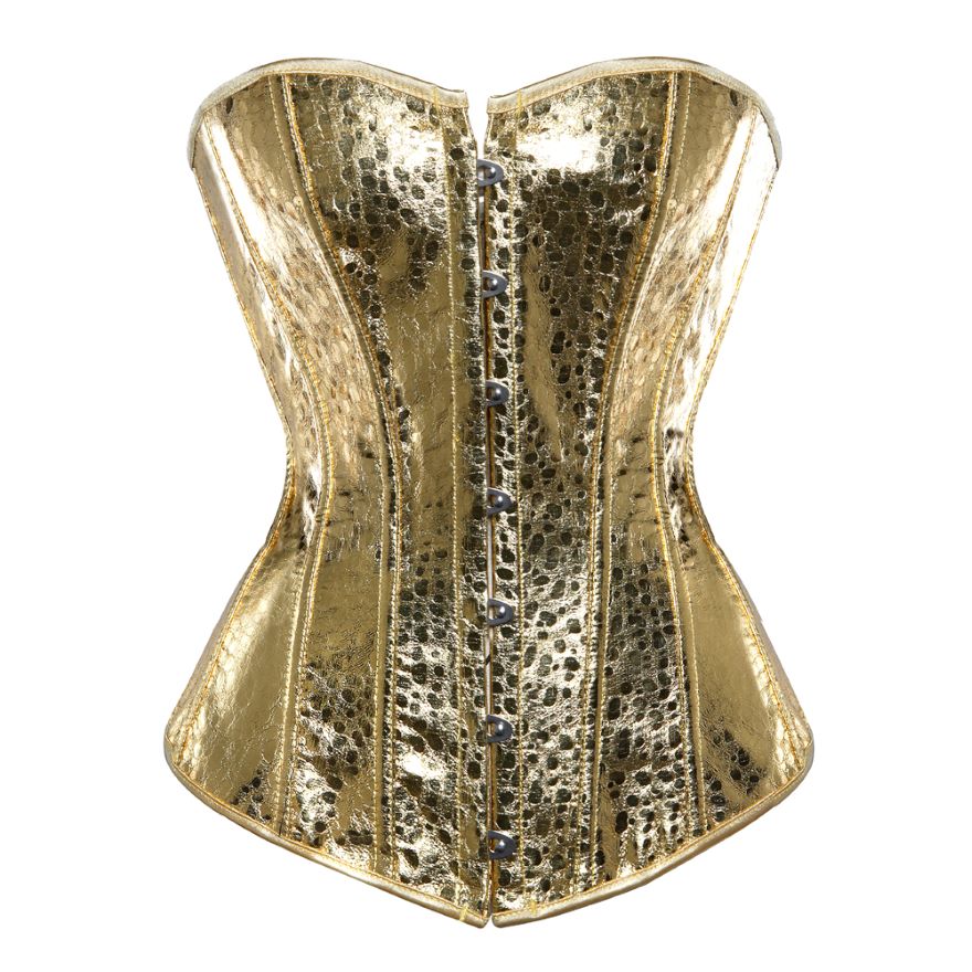 Women Sexy Faux Leather Overbust Corset Bustier Showgirl Waist Cincher Burlesque Corset Lingerie Top Gold/Silver S-6XL