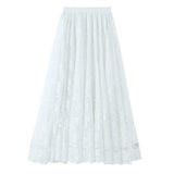Long Boho Vintage Lace Pleated Korean Summer Solid White A-Line Maxi Skirt
