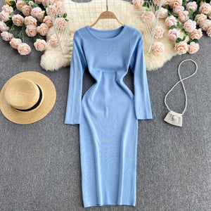 Autumn Winter Sweater Dress Elegant Knitted Bodycon Dress Women Round Neck Long Sleeve Casual Knee Length Midi Dress