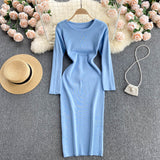 Autumn Winter Sweater Dress Elegant Knitted Bodycon Dress Women Round Neck Long Sleeve Casual Knee Length Midi Dress