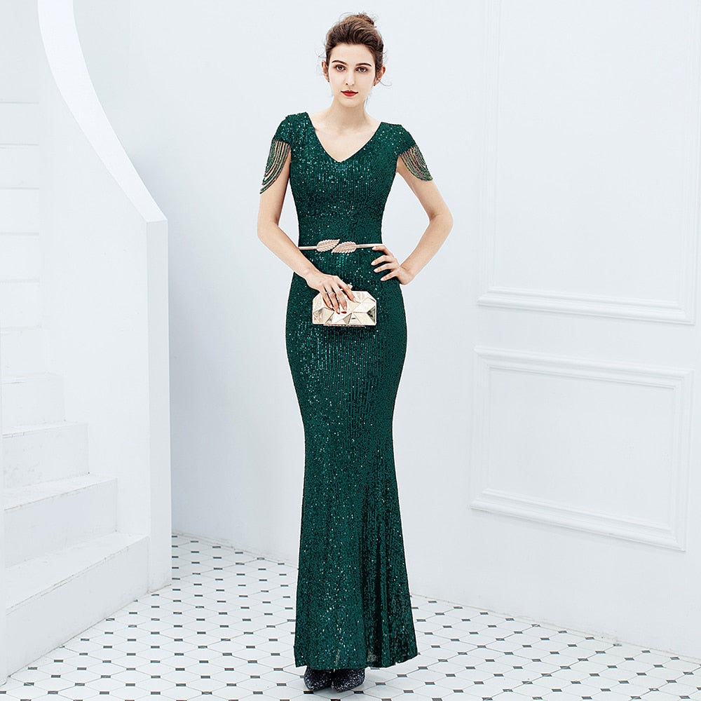 V-neck Sequins Evening Dress Women Elegant Beaded Long Evenning Party Dress Mermaid Formal Dresses