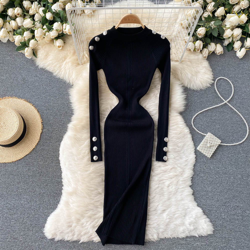 Autumn Winter Midi Dresses For Women Crew Neck Long Sleeve Elegant Ribbed Knitted Dress Button Sexy Bodycon Dress