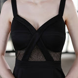 Sexy Slit Evening Dress Women's Black Strap Dress Party Maxi Dress WIth Beading