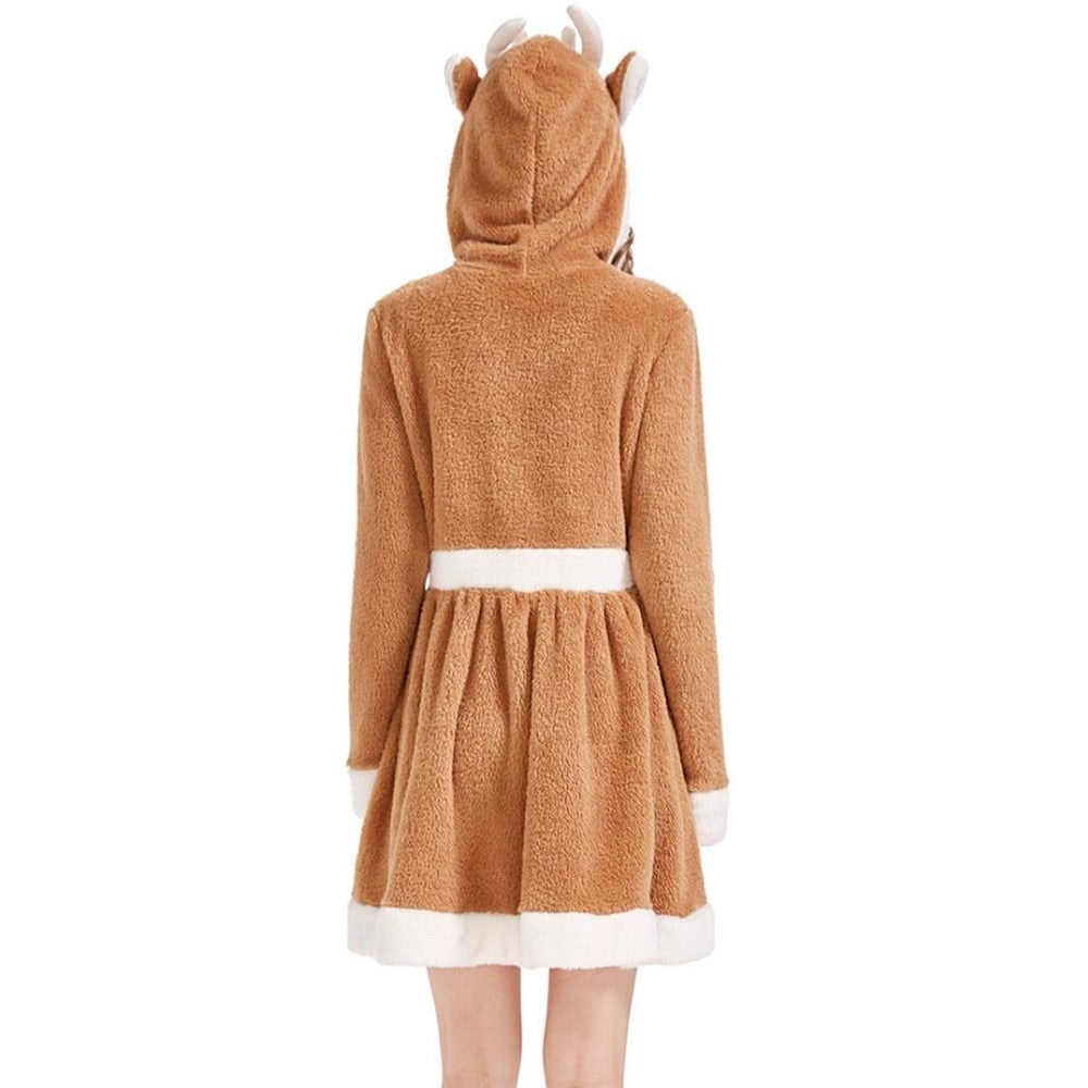 Adult Women Khaki Christmas Elk Hoodies Dress New Year Xmas Party Cosplay Costume Clothes Santa Claus Fancy Dress Up