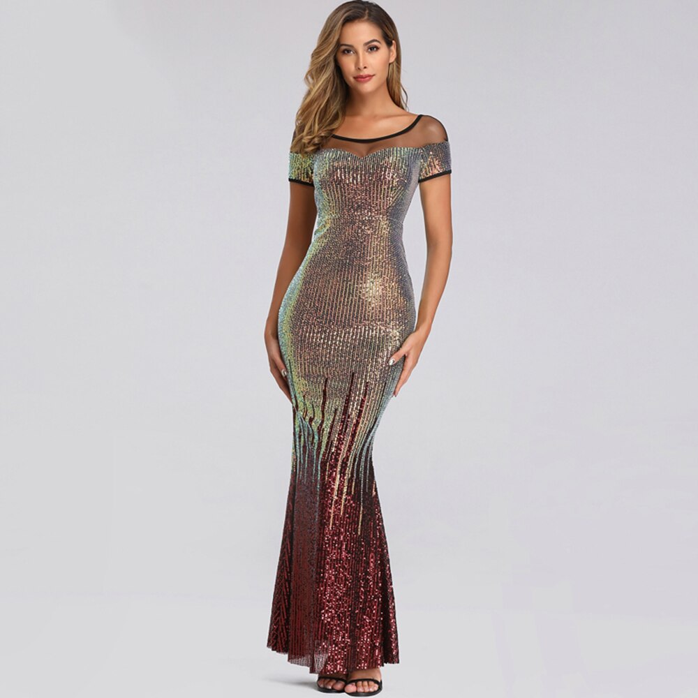 Backless Long Sequin Cocktail Dress Elegant Gold Evening Party Dress Sexy Mermaid Short Sleeve Prom Dress Beauty Robe De Soiree