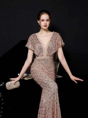 Women Gold Sequin Dress V Neck Beaded Party Maxi Elegant Evening Dress