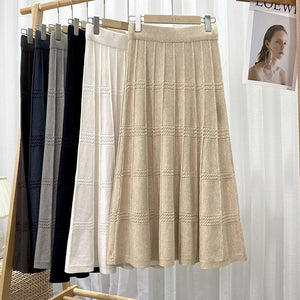 Fashion Women Winter Casual Elastic High Waist Midi Skirt A Line Elegant Solid Pleated Knitted Skirts